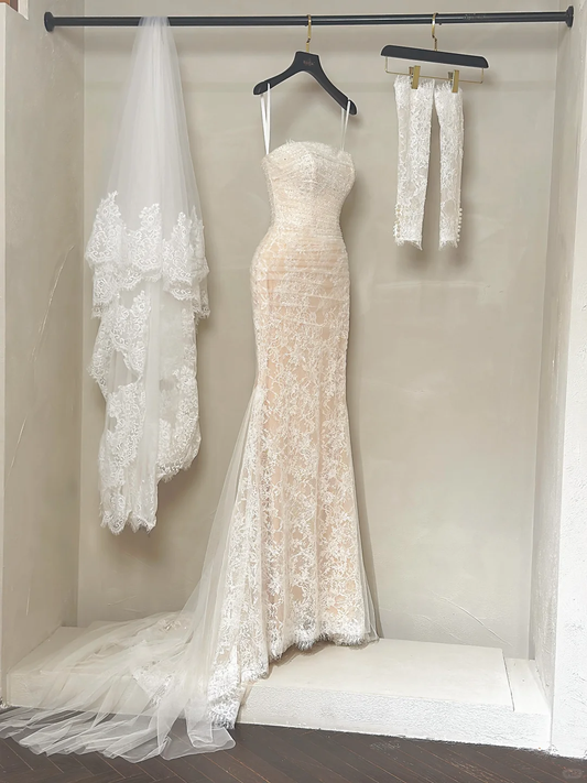 Modest Mermaid Strapless White Lace Fitted Corset Wedding Dress Long Bridal Gown Wedding Gowns RB1193