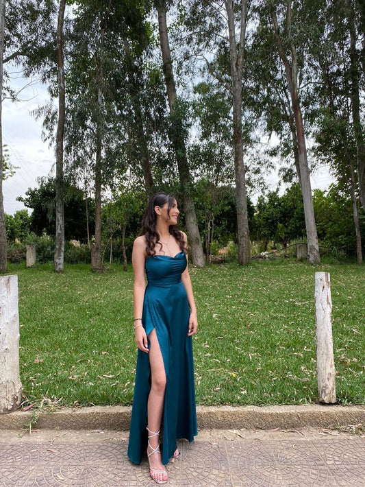 Robe de bal longue et sexy à bretelles spaghetti, style trapèze, fendue, bleu sarcelle, idéale pour une soirée dansante ou une soirée de remise de diplôme, RB1236