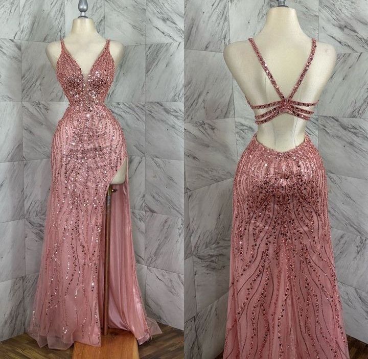 Robe de bal longue et sexy à bretelles spaghetti et paillettes roses, style sirène, fendue, inspiration soirée, bal de promo senior, RB1247