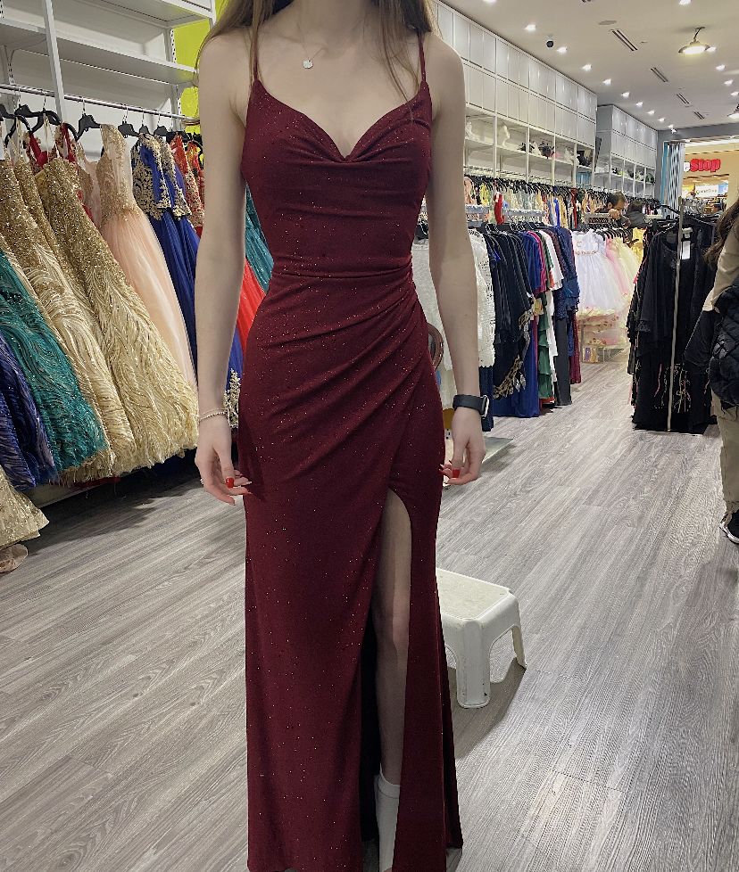 Robe de bal sirène sexy à bretelles spaghetti bordeaux fendue à paillettes, tenue longue pour 16e anniversaire, robe de soirée dansante au lycée RB1250