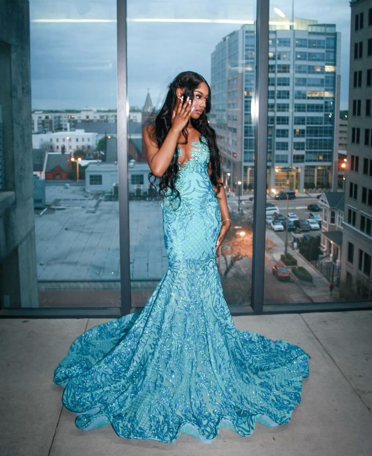 Robe de bal sirène à paillettes bleues, col en V, style esthétique, longue, inspiration, robe de soirée, robe de remise de diplôme, RB1275