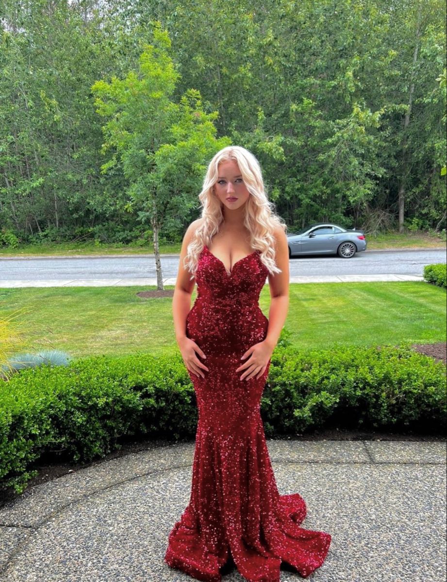 Robe de bal sirène sexy à bretelles spaghetti bordeaux à paillettes, longue, robe de soirée, robe de remise de diplôme, RB1277
