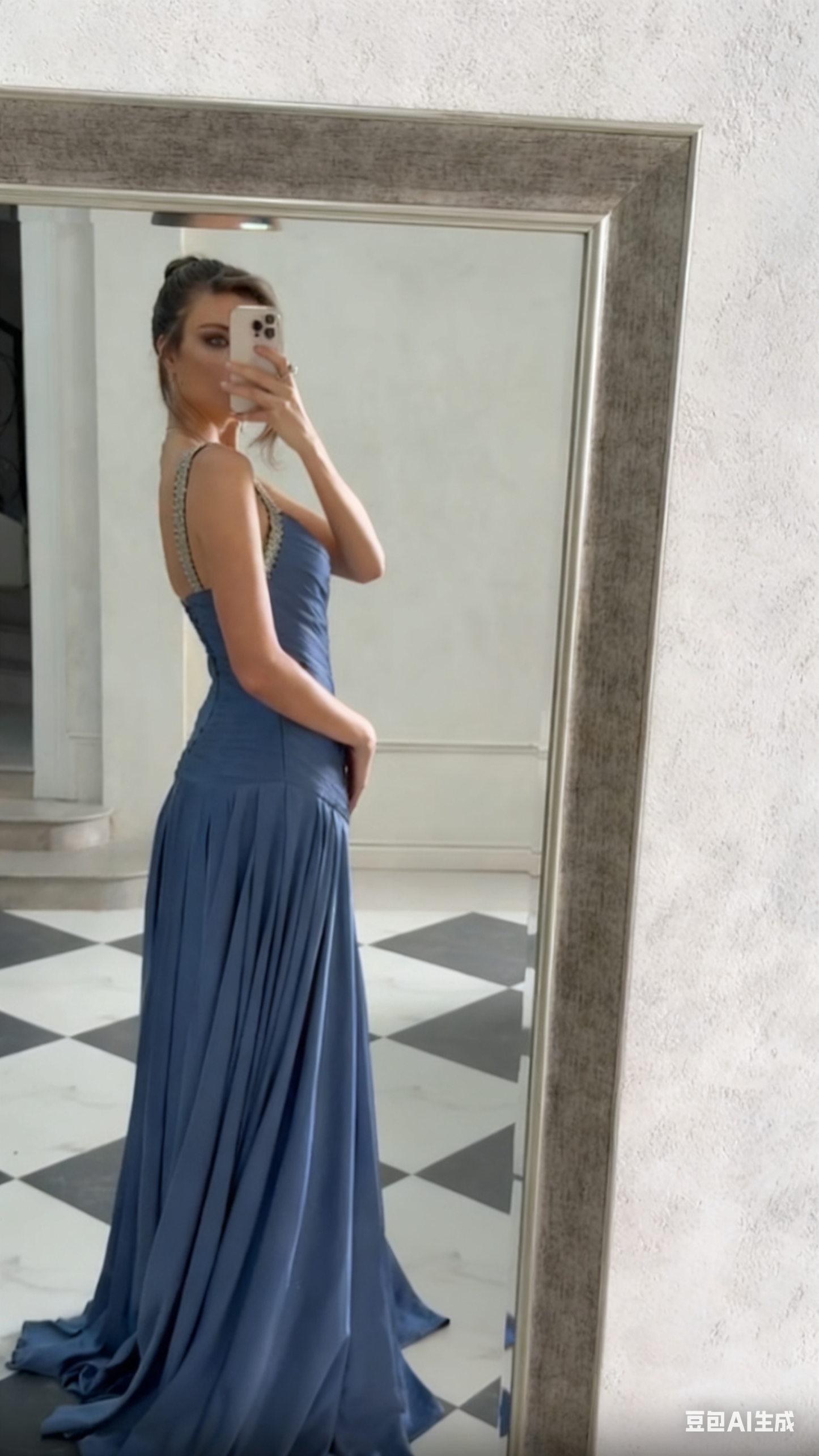 Robe de bal longue en mousseline de soie bleue à bretelles spaghetti style sirène vintage, inspiration robe de bal RB1294