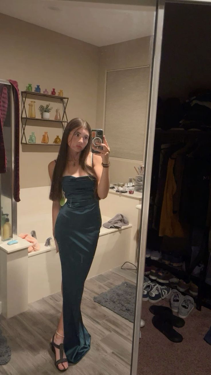Simple Mermaid Spaghetti Straps Dark Green Satin Long Prom Dresses Inspiration Prom Gown RB1301