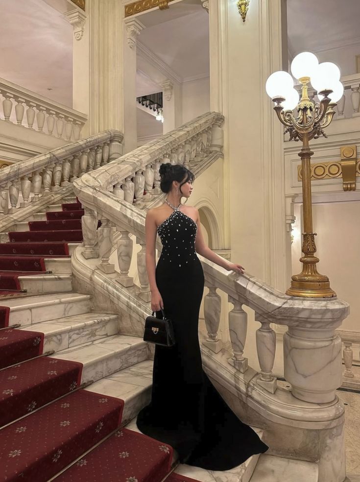 Modest Mermaid Halter Black Satin Silver Beads Long Prom Dresses Inspo Prom Gown RB1306