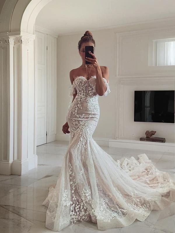 Robe de mariée sirène romantique à épaules dénudées, corset ajusté en tulle et dentelle blanche, robe longue de mariée RB1353