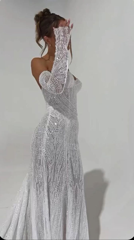 Sparkly Mermaid Sweetheart White Sequin Beaded Corset Wedding Dress Long Bridal Gown Wedding Dresses RB1354