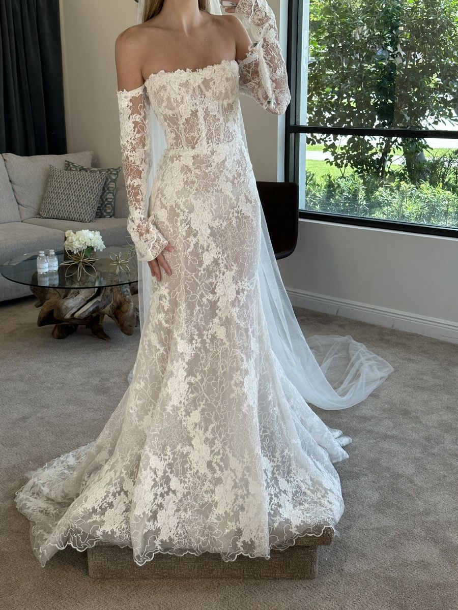 Robe de mariée sirène romantique, épaules dénudées, corset ajusté, manches longues, dentelle blanche, robe longue, robes de mariée RB1358