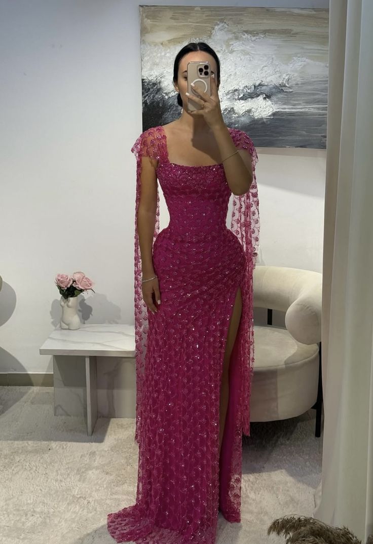 Exquisite Mermaid Square Neck Hot Pink Sequin With Beaded Prom Dresses Long Party Dress 18th Birthday Outfits Prom Gown RB1372