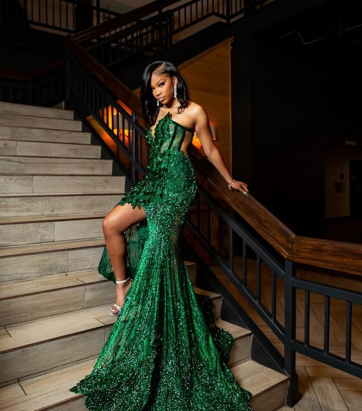 Robe de bal sirène spéciale décolleté en cœur vert foncé à paillettes sans manches et perles, longue fente, robe de bal Inspo RB1403