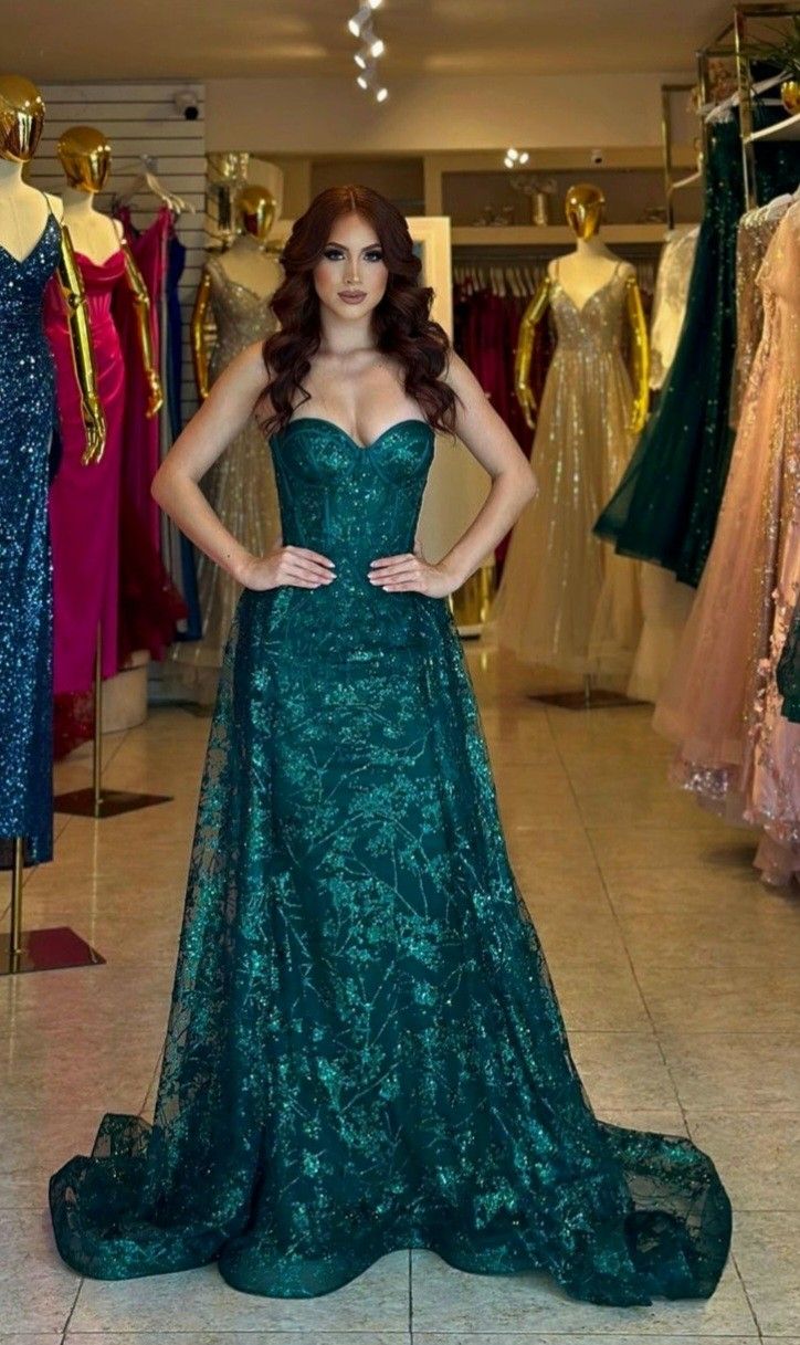 Robe de bal sirène spéciale décolleté en cœur vert foncé à paillettes sans manches et perles, robe longue de bal Inspo RB1408