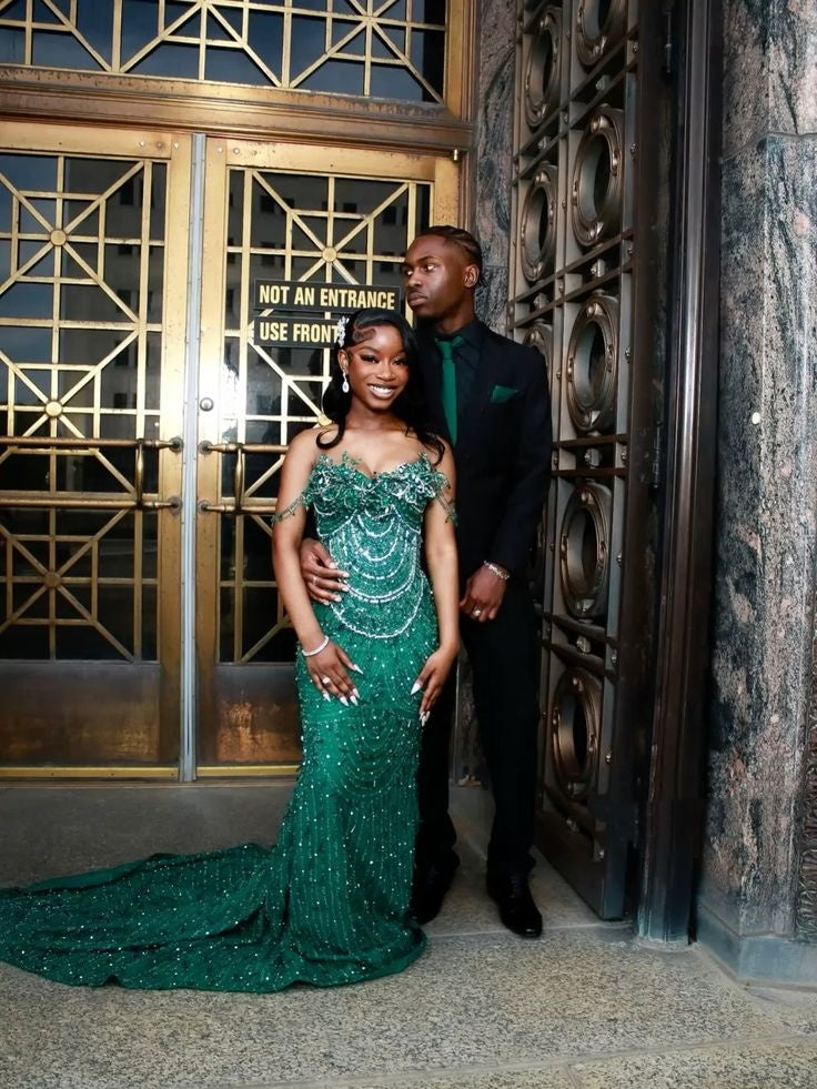 Robe de bal sirène glamour à paillettes vertes et décolleté en cœur, tenue de soirée pour 19e anniversaire, robe de remise de diplôme RB1423