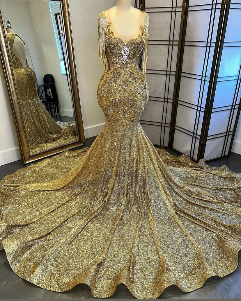 Robe de bal longue à paillettes dorées et col en V, style sirène, robe de soirée fantaisie, RB1426
