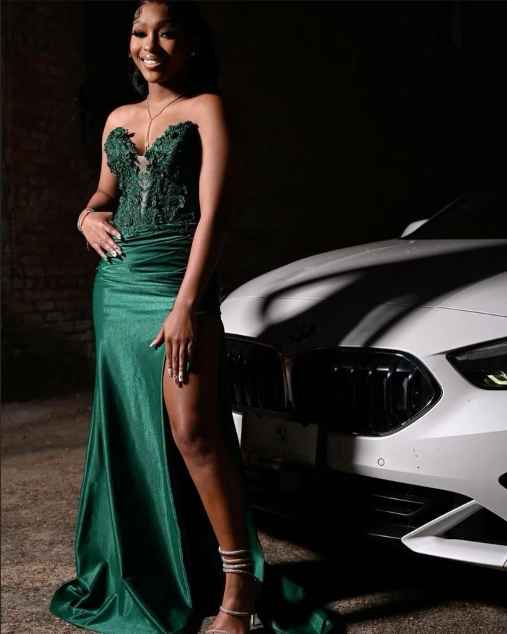 Robe de bal sirène glamour en satin vert et dentelle, décolleté en cœur, tenue de soirée pour 19e anniversaire, robe de remise de diplôme RB1428