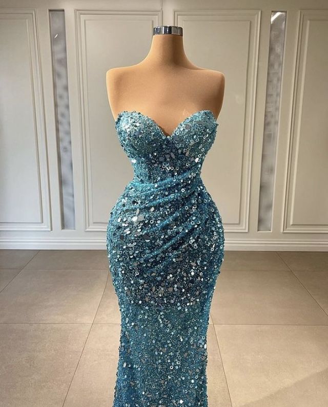 Robe de soirée sirène enchantée, décolleté en cœur, perles argentées bleues et paillettes, tenue de fête pour 20e anniversaire, robe de remise de diplôme RB1494