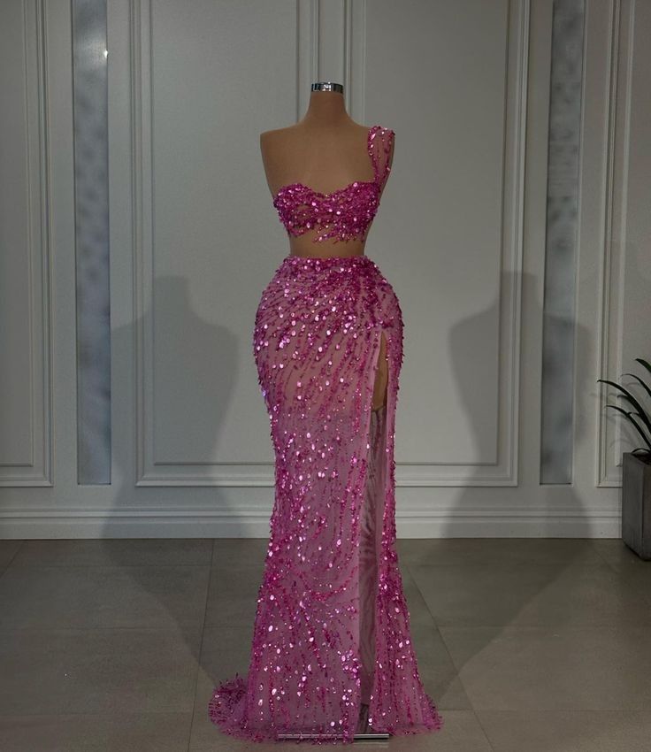 Enchanted Mermaid One Shoulder Beads Sequin Pink Slit Prom Dresses Party Dress 22th Birthday Outfits Graduation Dress RB1495