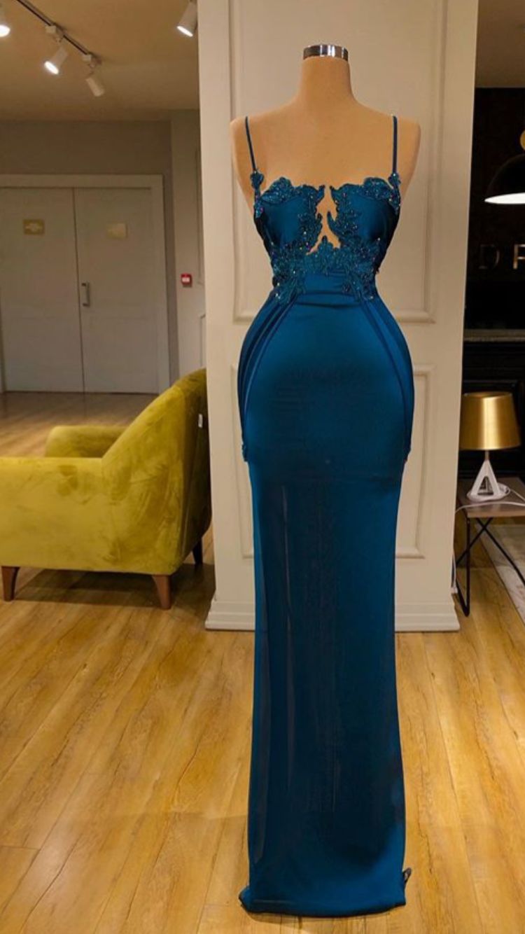 Robe de bal sirène à bretelles spaghetti en satin bleu, tenue de bal impressionnante pour un 22e anniversaire (RB1534)
