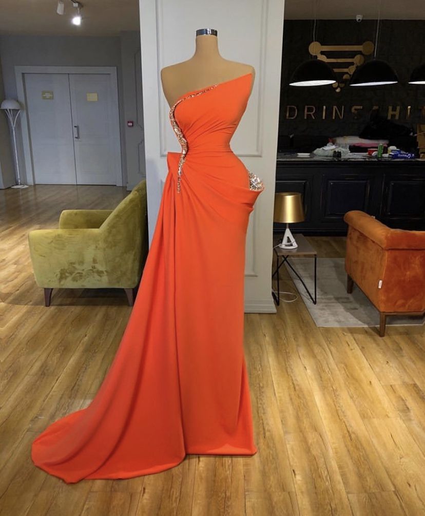 Robe de bal longue plissée orange style sirène, bustier, à perles, élégante, pour adolescentes, tenue de soirée pour 20e anniversaire, RB1540