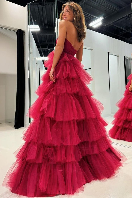 Modest Ball Gown Strapless Burgundy Tulle Prom Dresses Inspiration Party Dress Princess Graduation Dress B645