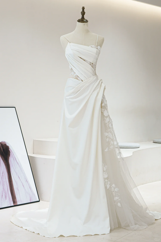 Timeless Mermaid Spaghetti Straps White Satin Pleated Wedding Dress Long Bridal Gown Wedding Dresses RB1600