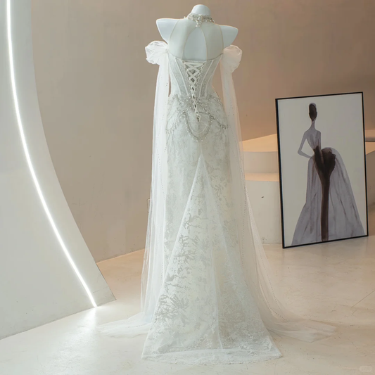 Timeless Mermaid High Neck White Lace Beaded Wedding Dress Long Bridal Gown Wedding Dresses RB1609