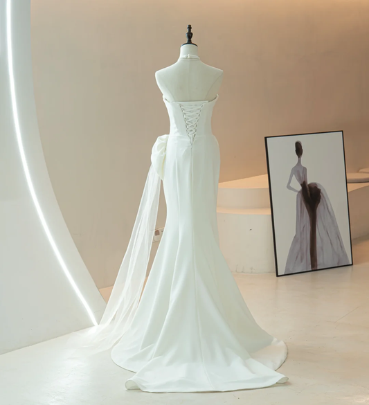 Simple Mermaid Halter Sleeveless Satin Fitted Long Wedding Dress Bridal Gown Wedding Dresses RB1615