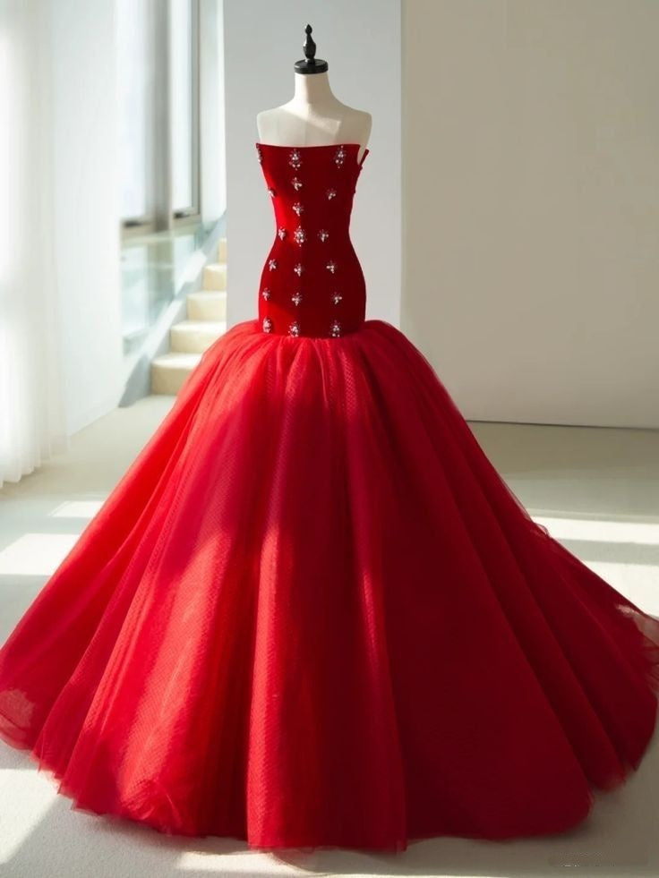 Robe de bal longue en tulle rouge, style sirène, sans bretelles, pour adolescentes, tenue de soirée pour 20e anniversaire, RB1624
