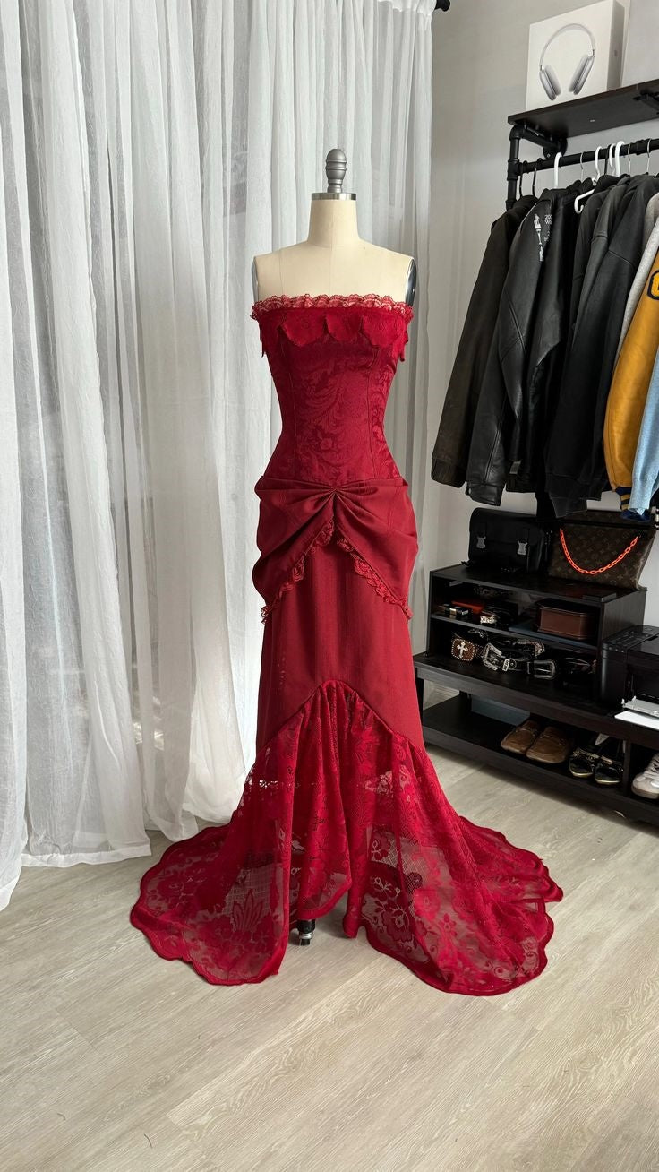 Robe de bal élégante sirène bustier en dentelle bordeaux, longue, pour adolescentes, tenue de soirée pour 20e anniversaire, RB1625