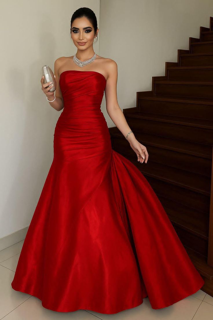 Robe de bal longue en satin rouge, style sirène, sans bretelles, intemporelle, pour adolescentes, tenue de soirée pour 20e anniversaire, RB1630