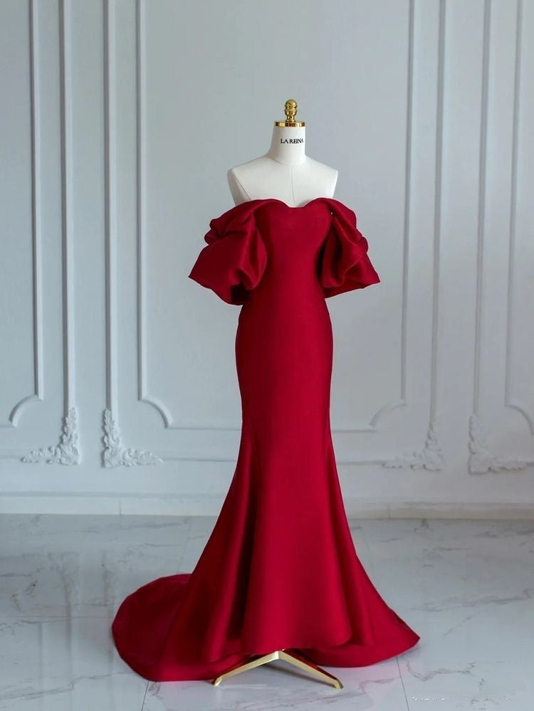 Elegant Mermaid Off The Shoulder Burgundy Satin Long Prom Dresses Impress 18th Birthday Outfits Prom Gown RB1632