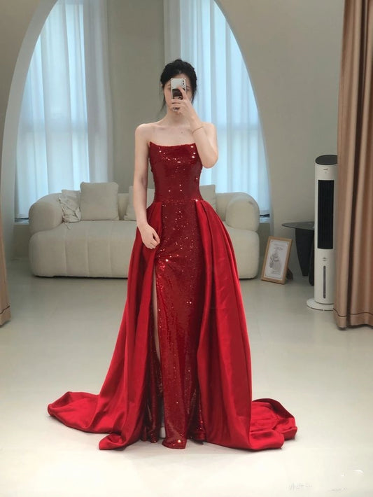 Sexy Mermaid Strapless Red Sequin With Bow Long Prom Dresses Impress 18th Birthday Outfits Prom Gown RB1646
