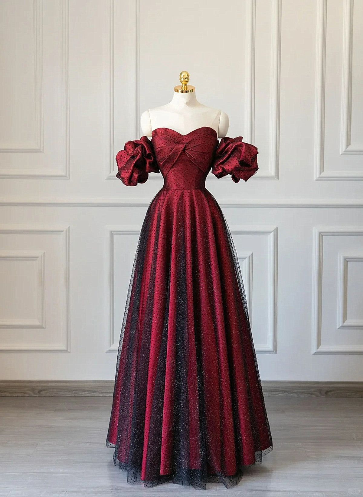 Robe de bal modeste à épaules dénudées, bordeaux, noire, tulle, longue, tenue de bal impressionnante pour un 18e anniversaire, robe de bal RB1650