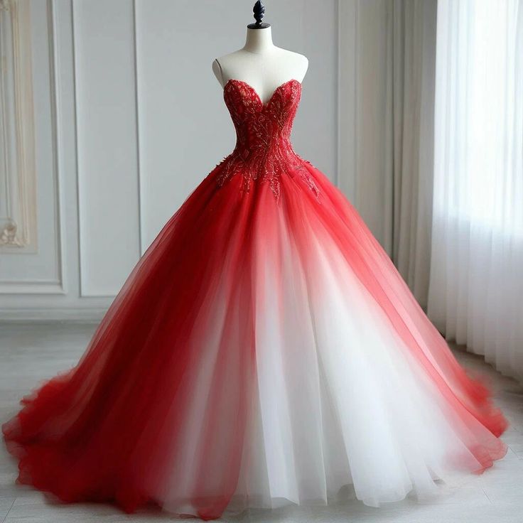 Robe de bal mignonne en tulle, décolleté en cœur, ombré rouge et blanc, longue, pour Quinceanera, Sweet 15/16, RB1666