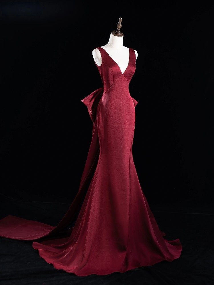 Robe de bal sirène simple, col en V, bordeaux, longue, pour adolescentes, tenue de soirée, tenue d'anniversaire, robe de bal RB1681