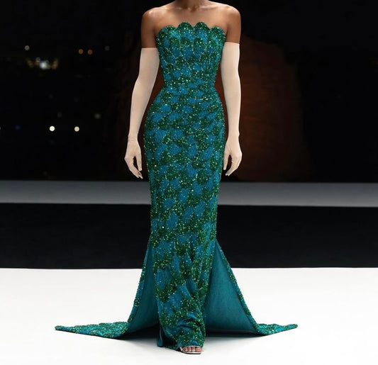 Sexy Mermaid Strapless Green Sequins Long Prom Dresses For Teens Formal Dress Birthday Outfits Prom Gown RB1689