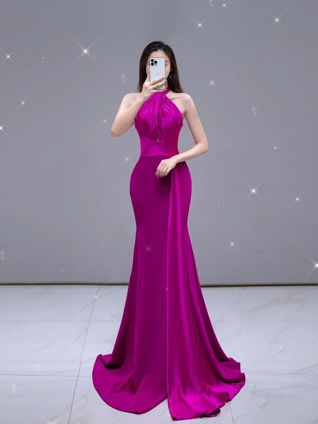 Robe de bal longue et sexy en satin fuchsia, style sirène, col haut, pour adolescentes, tenue d'anniversaire, RB1691
