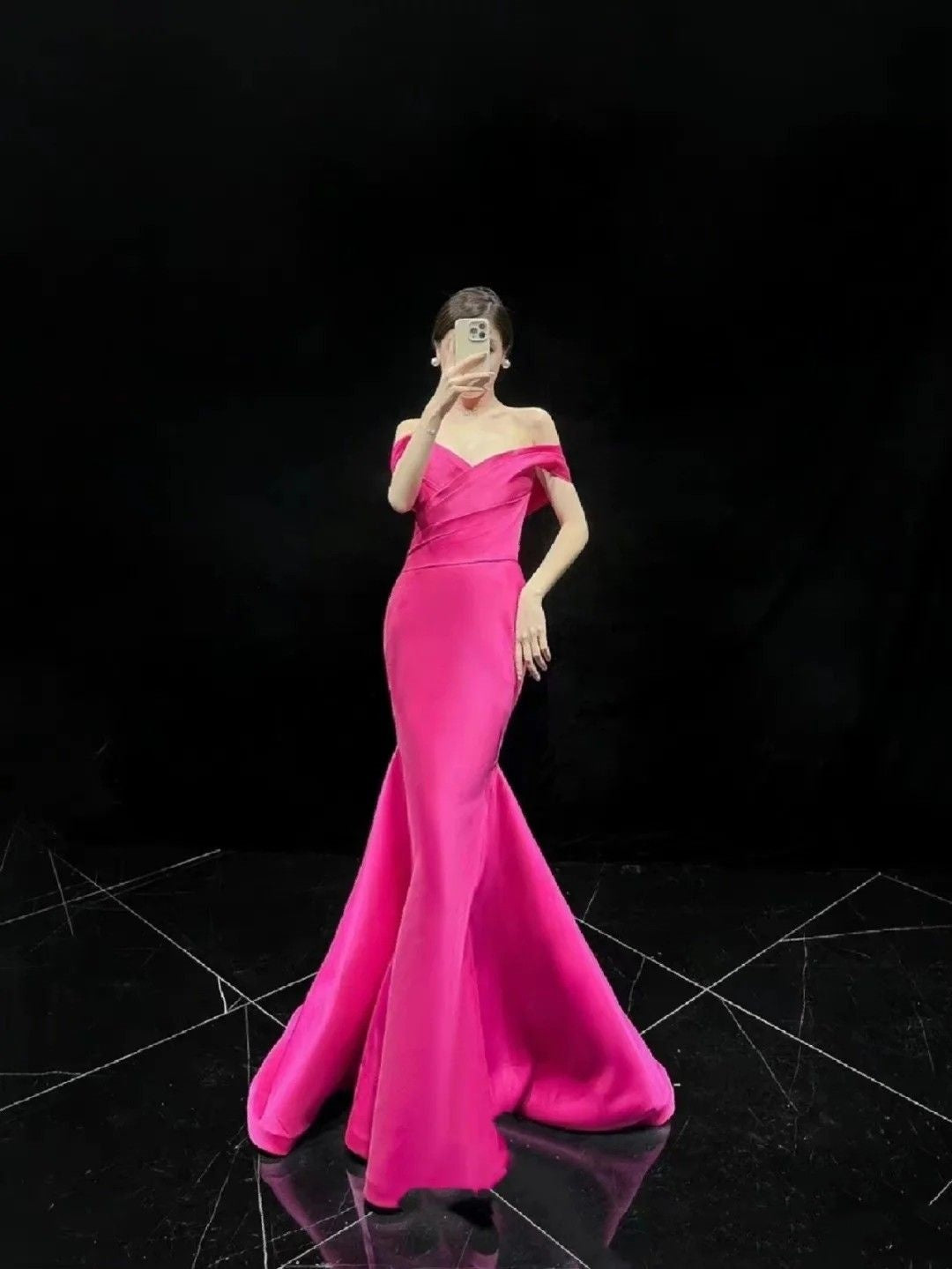 Robe de bal sirène modeste à épaules dénudées, rose vif, longue, tenue de fête pour 18e anniversaire, robe de remise de diplôme, RB1701