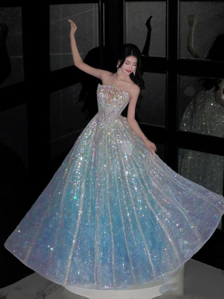 Fairy-tale Ball Gown Strapless Blue Sequin Long Prom Dresses Formal Dress Birthday Outfits Prom Gown RB1703