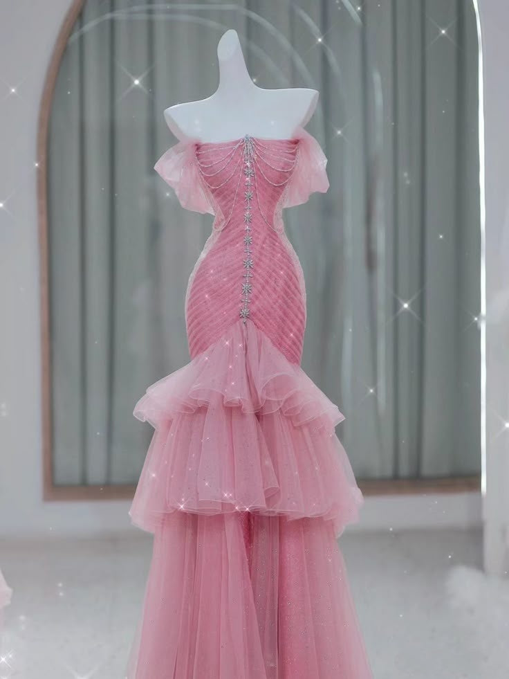Robe de bal sirène modeste à épaules dénudées en tulle rose, longue robe de soirée pour 18e anniversaire, robe de remise de diplôme RB1711