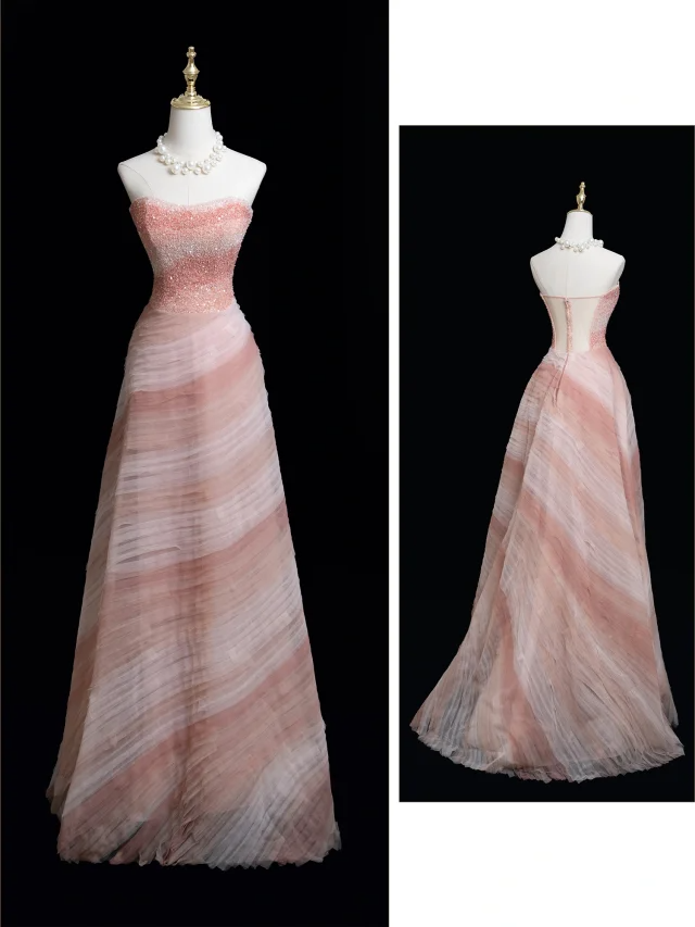 Robe de bal intemporelle sans bretelles en tulle rose perlé, longue robe de bal pour adolescentes, tenue de soirée, tenue d'anniversaire, robe de bal RB1849