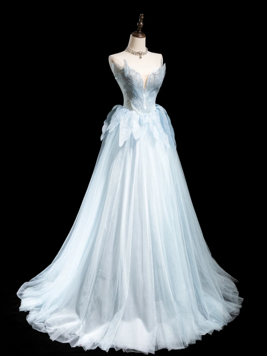 Vintage Ball Gown Strapless Light Sky Blue Tulle Long Prom Dresses For Teens Formal Dress Floor Length Prom Gown RB1858