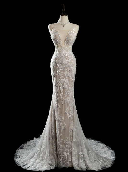 Vintage Mermaid Spaghetti Strap Sleeveless Sequin Lace Fitted Beaded Long Wedding Dress Bride Gown Wedding Dresses RB1879