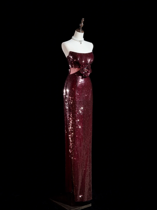 Sparkle Sheath Strapless Burgundy Sequin Long Prom Dresses Impress 18th Birthday Outfits Prom Gown RB1888