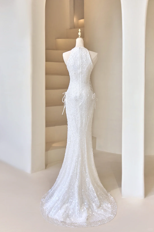 Sexy Mermaid Deep V Neck White Sequin Long Prom Dresses Impress 19th Birthday Outfits Prom Gown RB1895