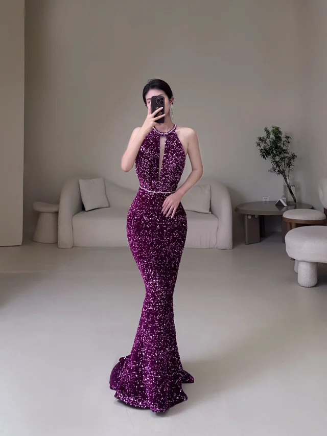 Robe de bal longue et sexy à paillettes et col rond, style sirène, tenue de bal pour un 19e anniversaire, RB1897