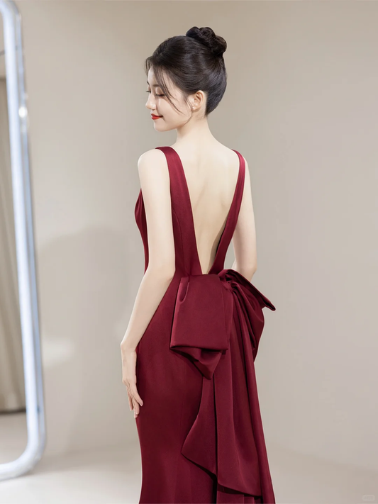 Simple Mermaid V Neck Burgundy Satin Long Prom Dresses Impress 19th Birthday Outfits Prom Gown RB1905
