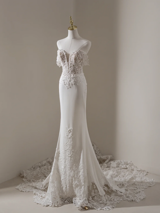 Princess Mermaid Off The Shoulder Short Sleeves Lace Fitted Long Wedding Dress Bridal Gown White Wedding Dresses RB1906