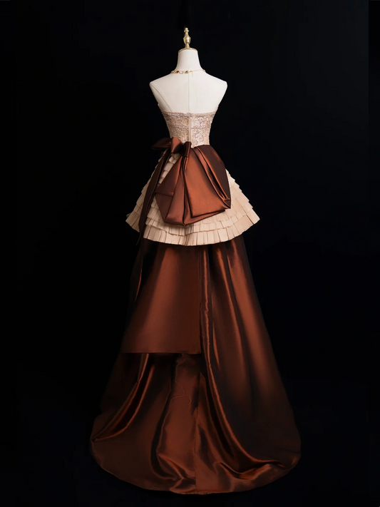 Vintage Ball Gown Strapless Brown Satin Long Prom Dresses Impress Sweet 16 Birthday Outfits Prom Gown RB1915