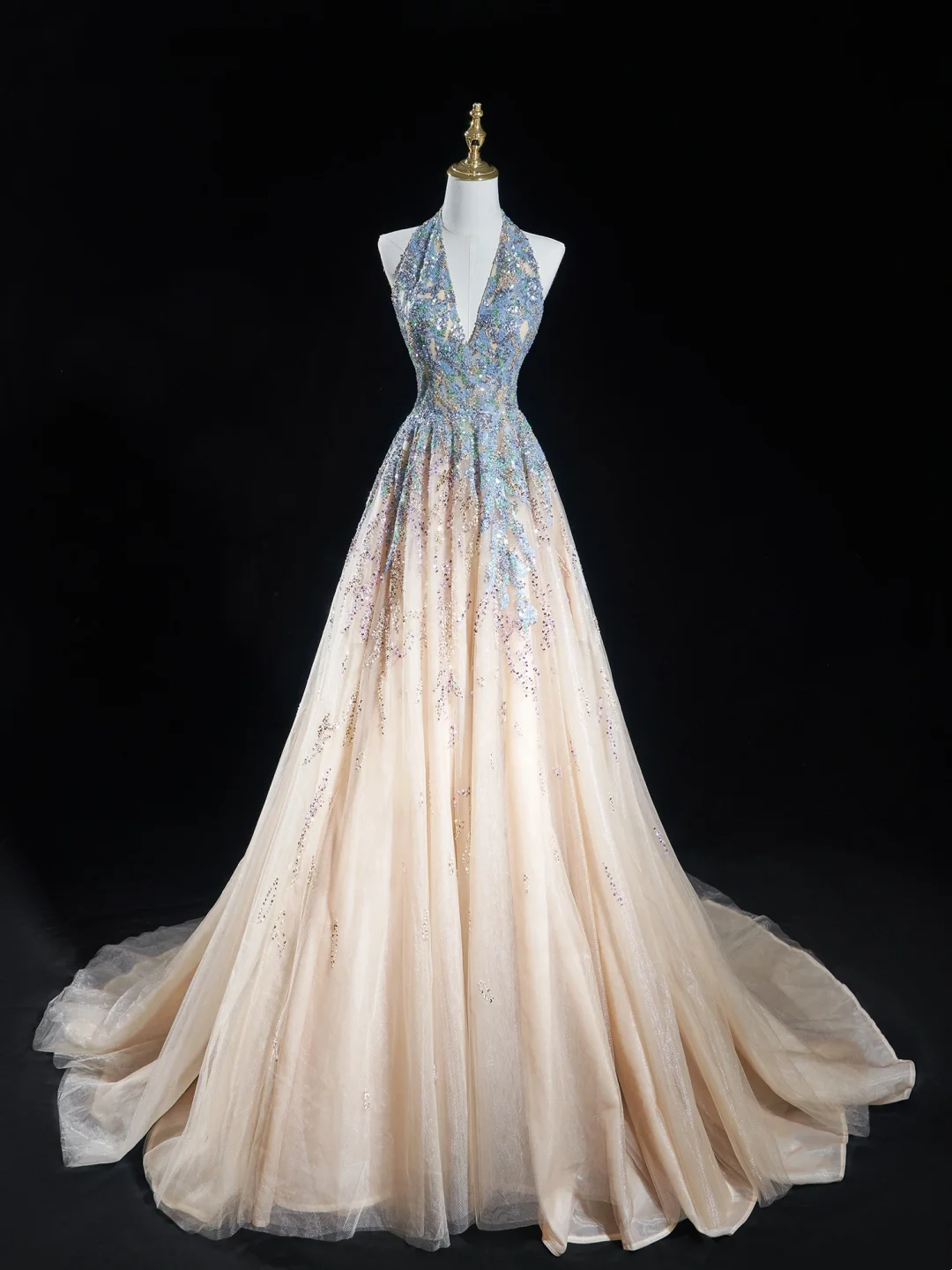Robe de bal intemporelle à col licou, bleu champagne, paillettes, longue, pour adolescentes, tenue de soirée, tenue d'anniversaire, robe de bal RB1848