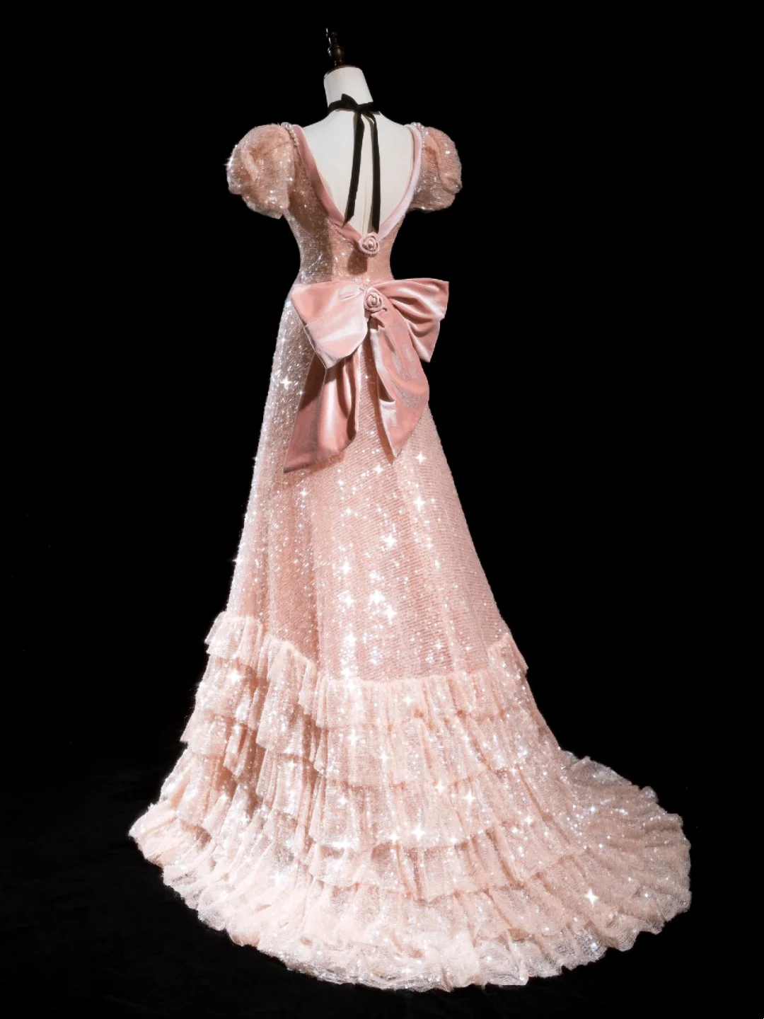 Retro-A-Linien-Abendkleid aus rosafarbenem Samt mit Pailletten – ein beeindruckendes Outfit für den 18. Geburtstag (R1870)